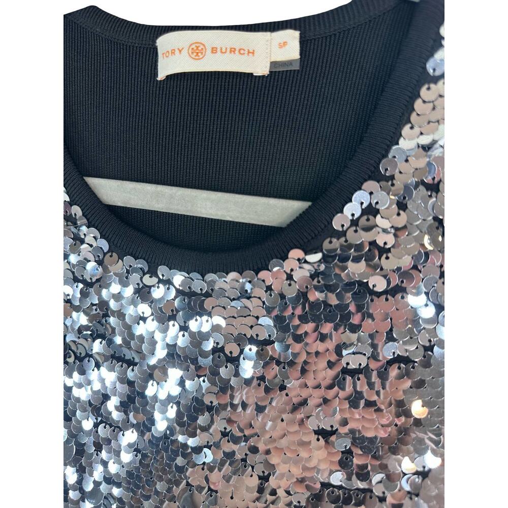 Tory Burch Silver Sequin Shirt Dress Black Knit S Short Sleeve Party Event - Picture 4 of 10